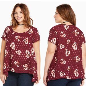 Torrid Floral Sharkbite Georgette Top Burgundy Women Size 1X Short Sleeve Blouse